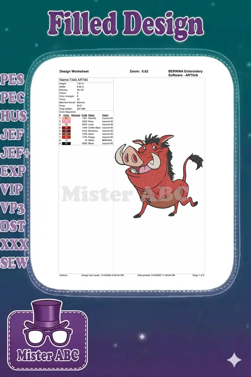 Embroidery design worksheet for Pumbaa, detailing size, stitch count, color sequence, and thread chart for ART80.