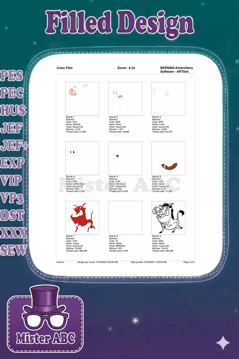 Detailed color film breakdown for the Pumbaa embroidery design, showing each stitch stop and thread usage.