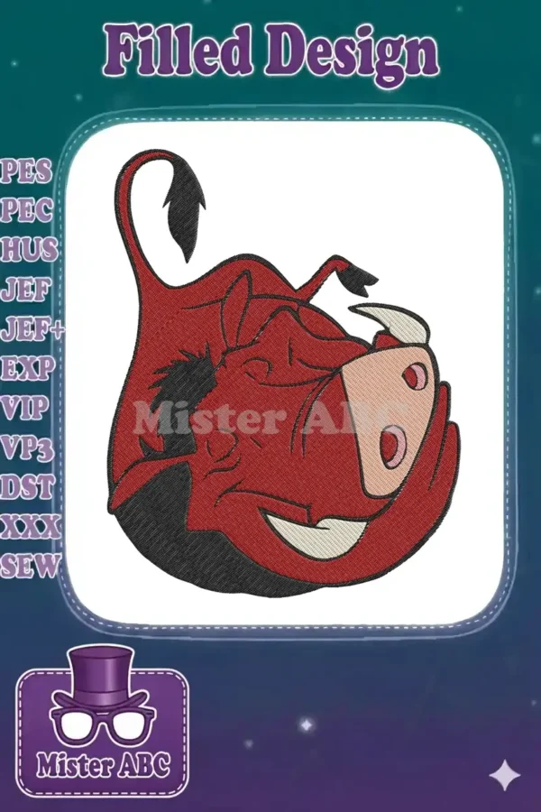 Close-up of a detailed Pumbaa machine embroidery design, featuring vibrant red, black, and pink fill stitches.