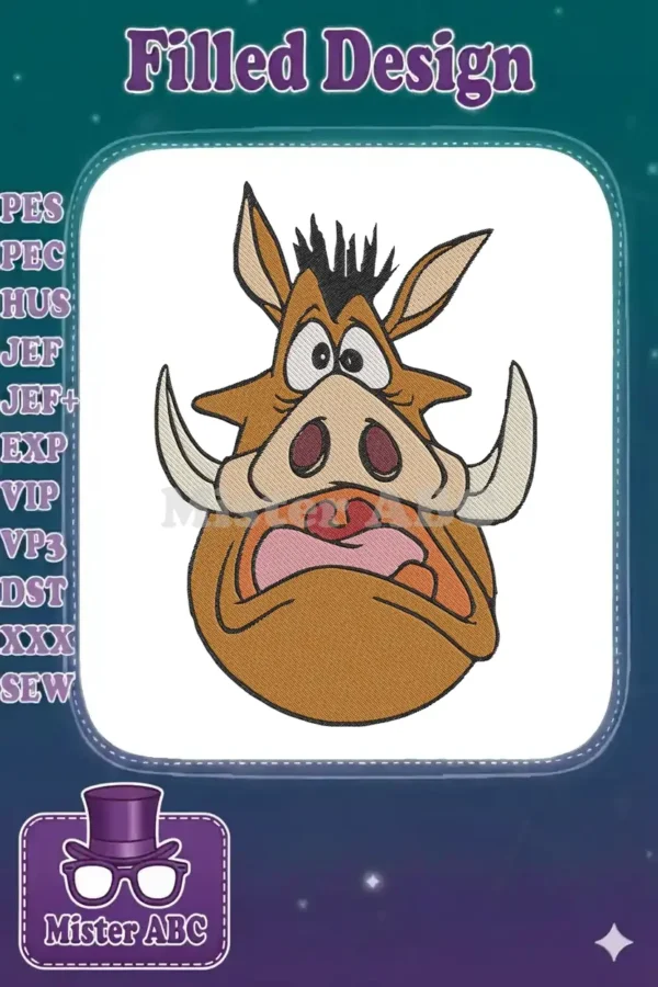 Close-up embroidery of Pumbaa's surprised face from The Lion King, featuring vibrant colors and detailed stitching.