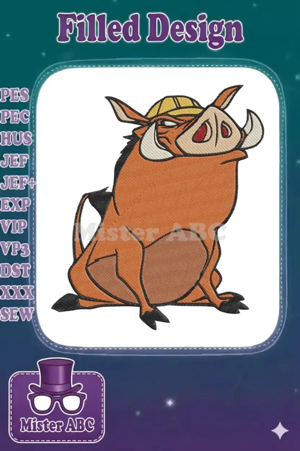 Detailed Pumbaa embroidery design from The Lion King, wearing a yellow construction helmet, full of character.