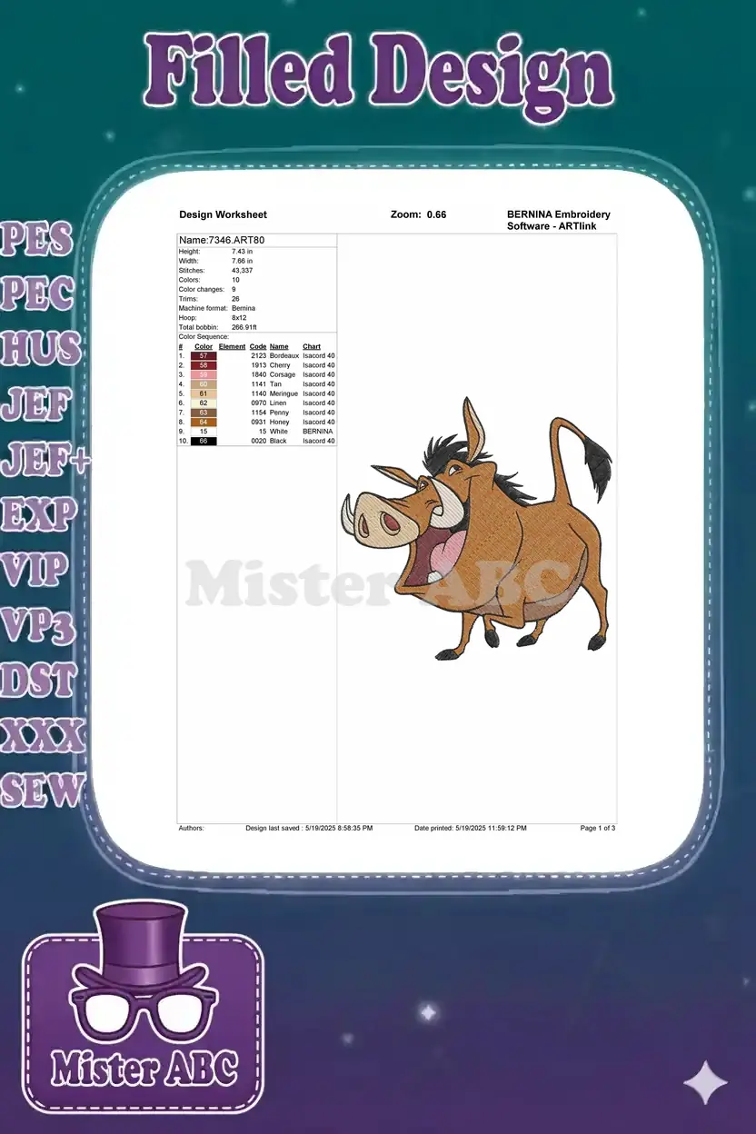 Embroidery design worksheet for Pumbaa, detailing stitch count, dimensions, color sequence, and thread brands.