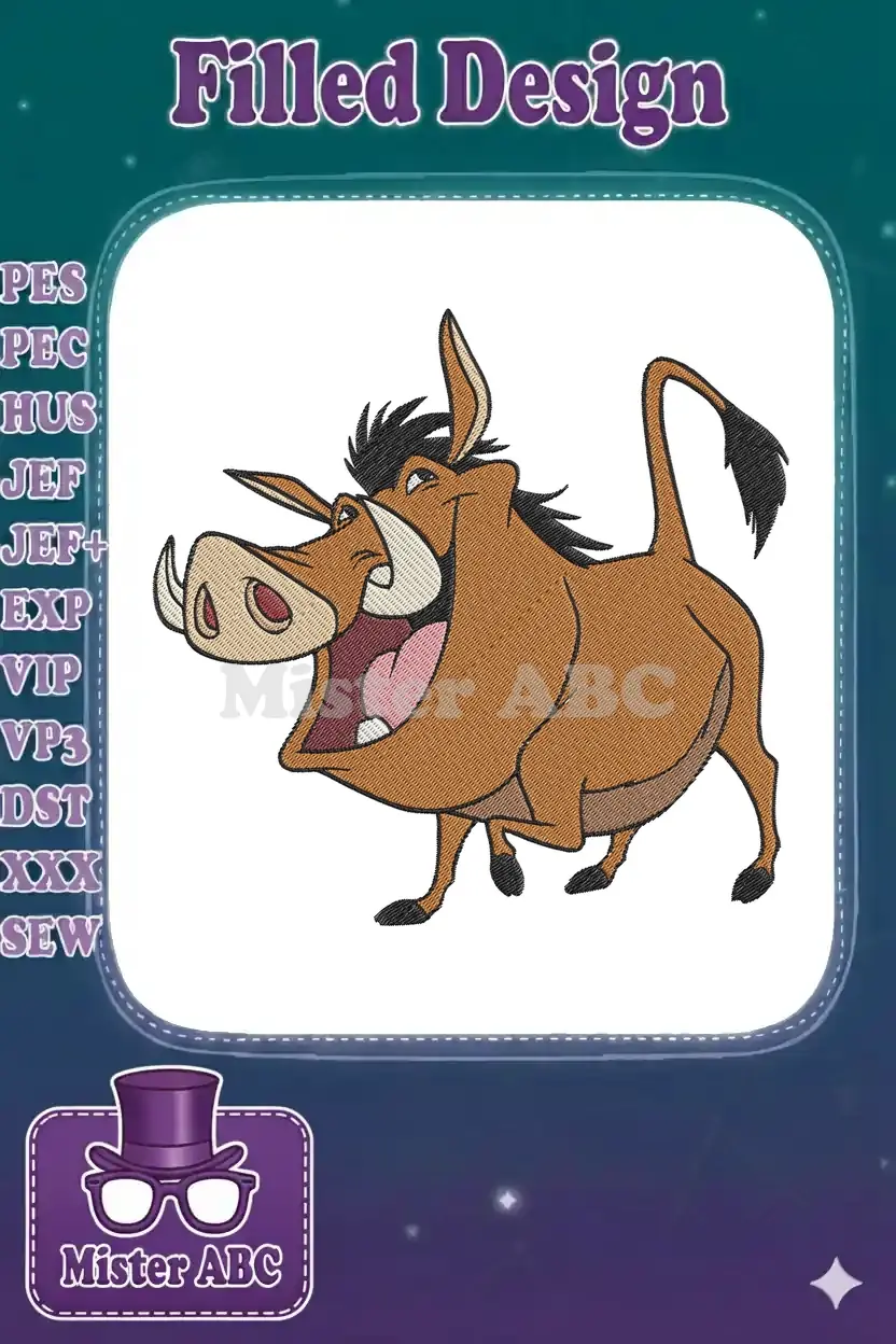 Pumbaa from The Lion King, an embroidery design featuring the cheerful warthog running with an open mouth and tusks.