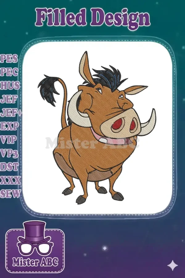 A detailed machine embroidery design of Pumbaa from The Lion King, featuring a friendly smile and vibrant colors.