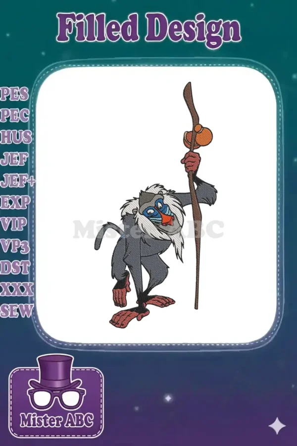 Rafiki, the wise mandrill from The Lion King, in a detailed embroidery design, holding his iconic staff.