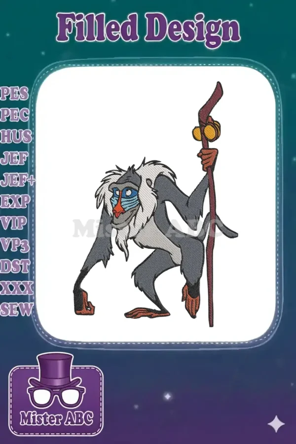 Detailed machine embroidery design of Rafiki from The Lion King, holding his staff, ready to adorn any fabric.