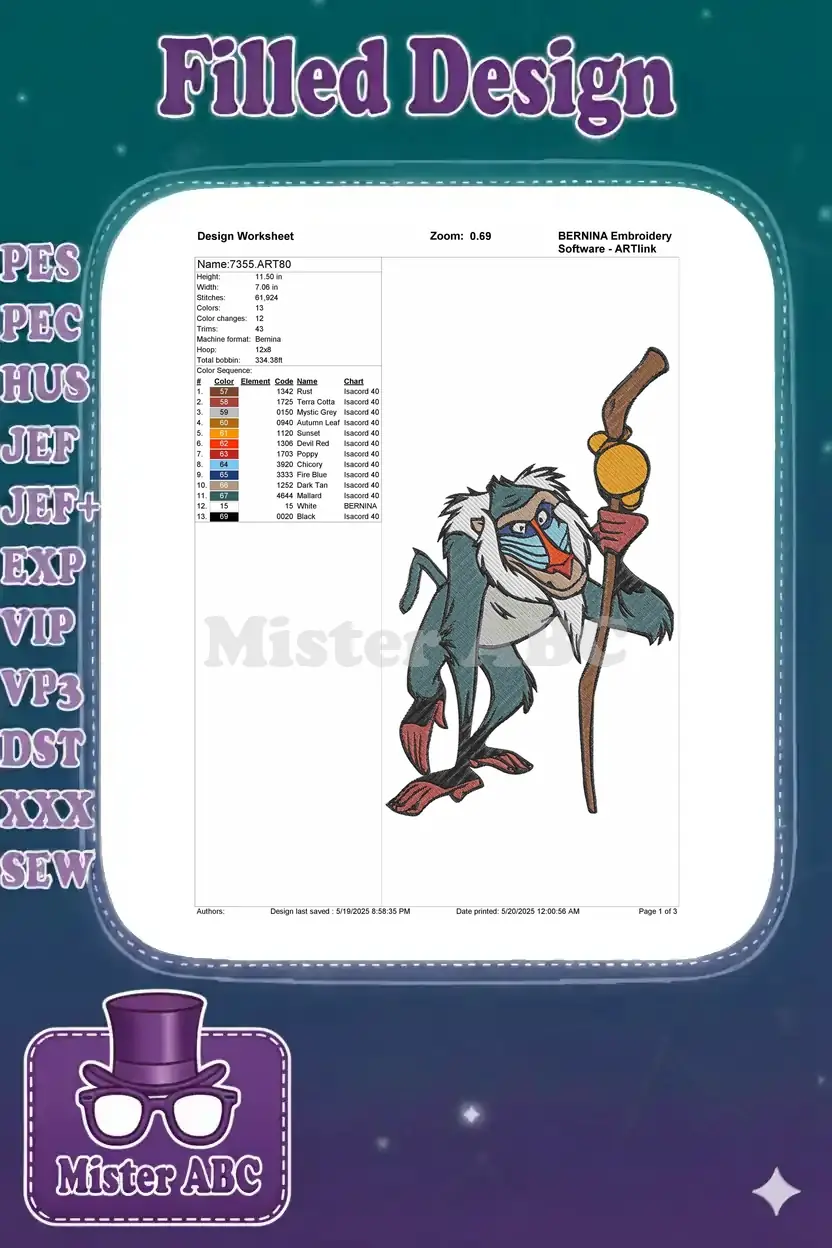 Embroidery design worksheet for Rafiki, showing dimensions, stitch count, color chart, and a design preview.