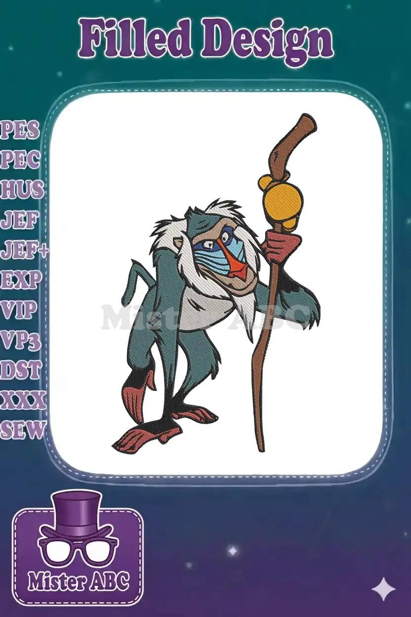 Full-color embroidery design of Rafiki from The Lion King, a wise mandrill holding his staff, ready to stitch.