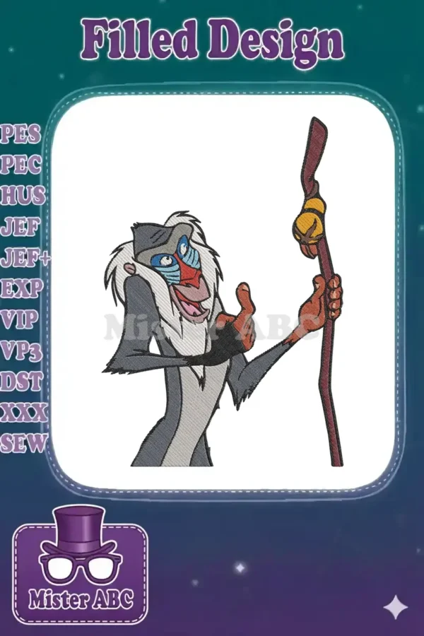Rafiki from The Lion King, a mandrill, giving a cheerful thumbs-up, holding his staff in a vibrant embroidery.
