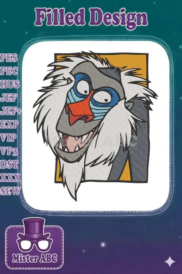 Close-up of a vibrant embroidery design featuring Rafiki's expressive face, with detailed fur and colorful features.