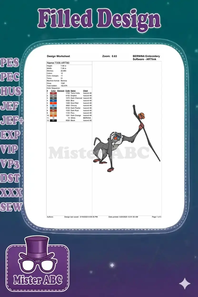 Embroidery design worksheet for Rafiki, detailing dimensions, stitch count, color changes, and thread chart.