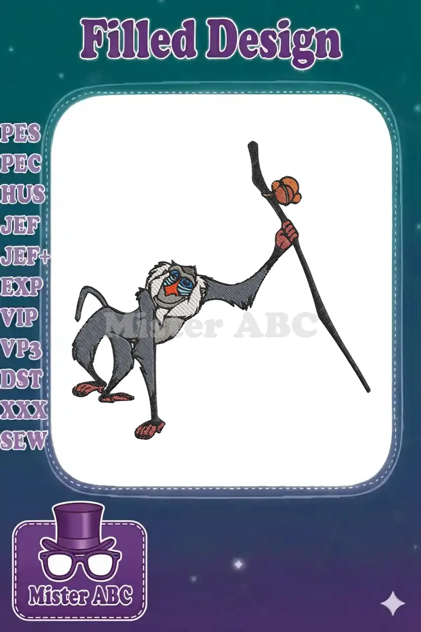 Vibrant embroidery of Rafiki from Disney's The Lion King, holding his staff with a colorful fruit.