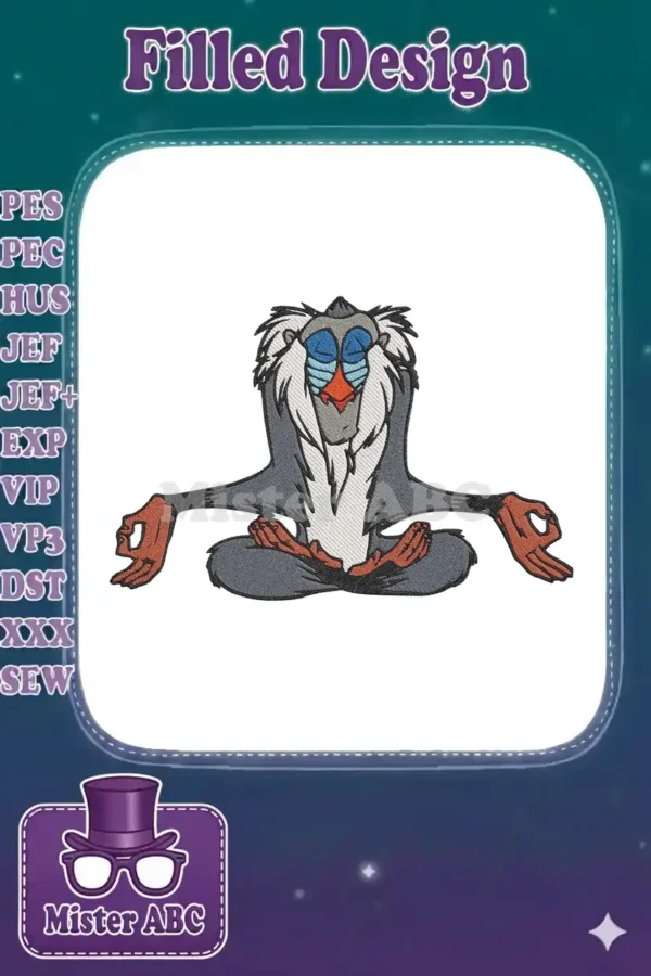 Rafiki, the wise baboon from The Lion King, meditating peacefully in a cross-legged pose with mudra hands.
