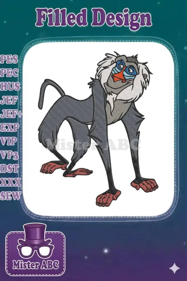 A full-body embroidery design of Rafiki, the wise mandrill from Disney's The Lion King, with vibrant facial colors.
