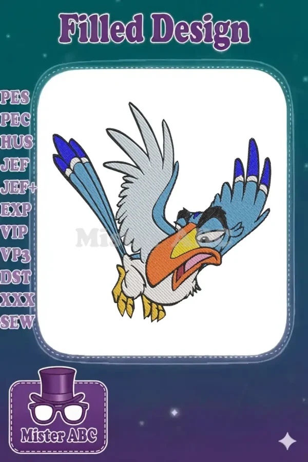 High-quality embroidery design of an angry blue parrot with an orange beak and spread wings, facing right.