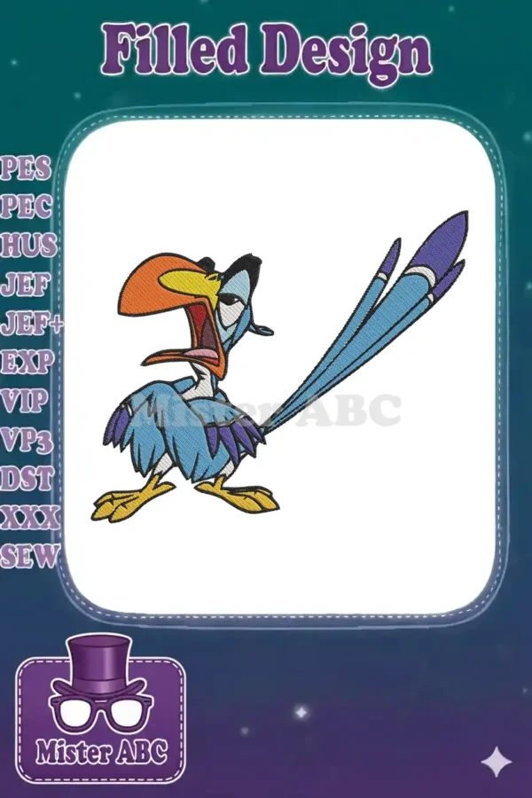 A vibrant embroidery of Zazu, the hornbill from The Lion King, with an open beak and expressive blue feathers.