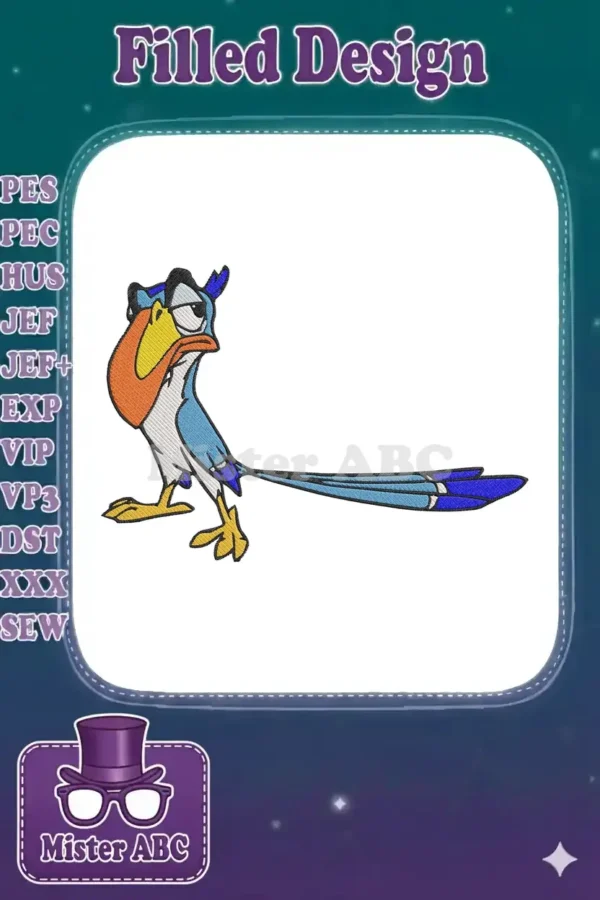 A vibrant embroidery design of Zazu, the hornbill from Disney's The Lion King, featuring detailed fill stitches.