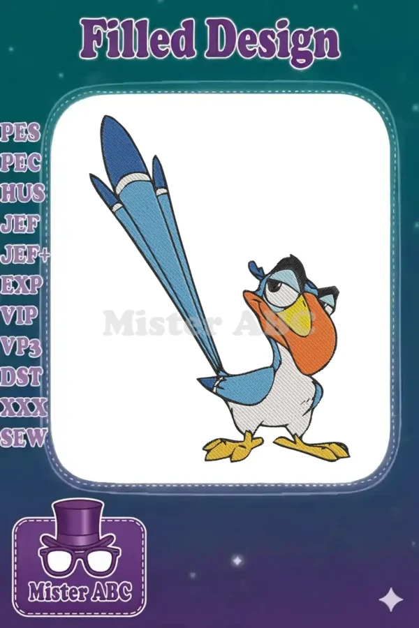 Zazu embroidery design featuring the iconic blue hornbill from Disney's The Lion King, detailed and vibrant.