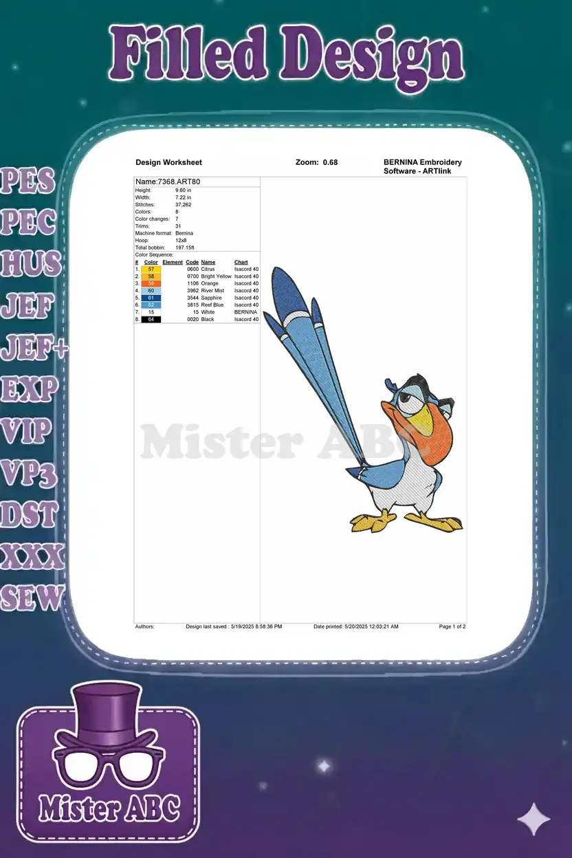 Detailed embroidery design worksheet for Zazu, showing dimensions, stitch count, and color sequence.