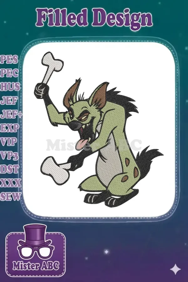 Ed the hyena from The Lion King, laughing maniacally while holding two bones, designed for embroidery.