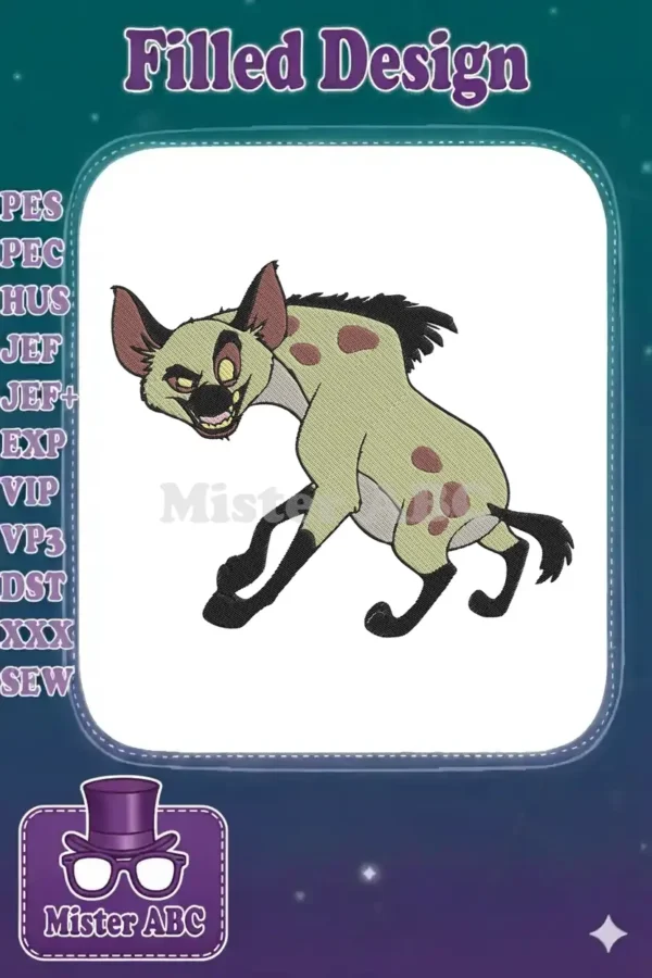 High-quality embroidery design of Ed the hyena from The Lion King, featuring his iconic crazy grin and spotted fur texture.