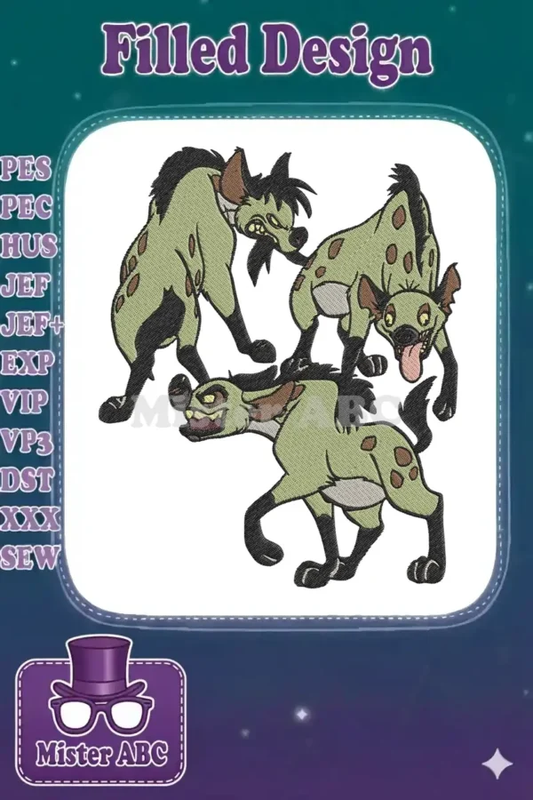 Three animated hyenas from The Lion King, Shenzi, Banzai, and Ed, in various action poses with textured embroidery.