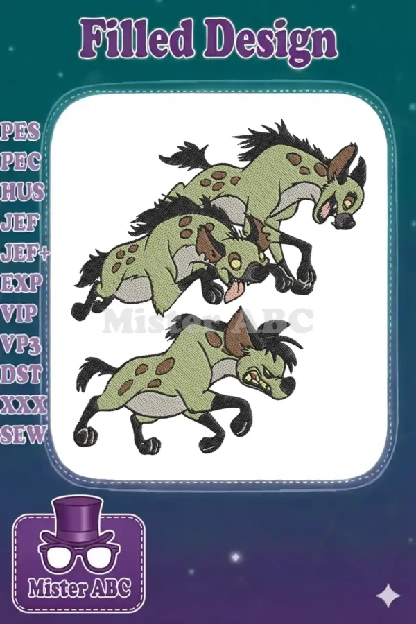 Three mischievous hyenas from The Lion King, Shenzi, Banzai, and Ed, in a dynamic, playful pose, ready to be stitched.