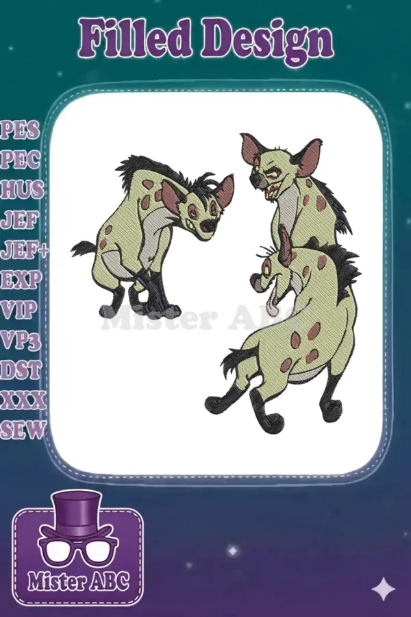 Three animated hyenas from The Lion King, Shenzi, Banzai, and Ed, in a vibrant embroidery design, ready to stitch.