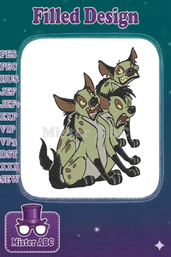 Three expressive hyenas from The Lion King, Shenzi, Banzai, and Ed, in a stacked embroidery design.