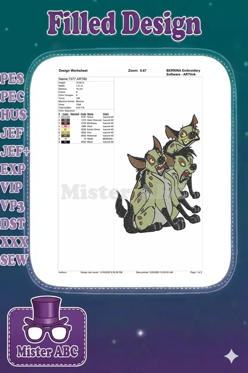 Embroidery design worksheet for the hyenas, detailing dimensions, stitch count, color sequence, and thread types.