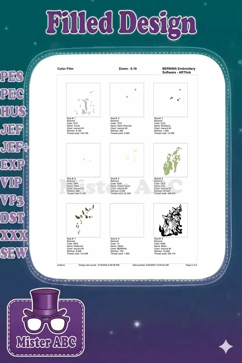 Color film breakdown showing each individual color stop and stitch sequence for the hyenas embroidery design.