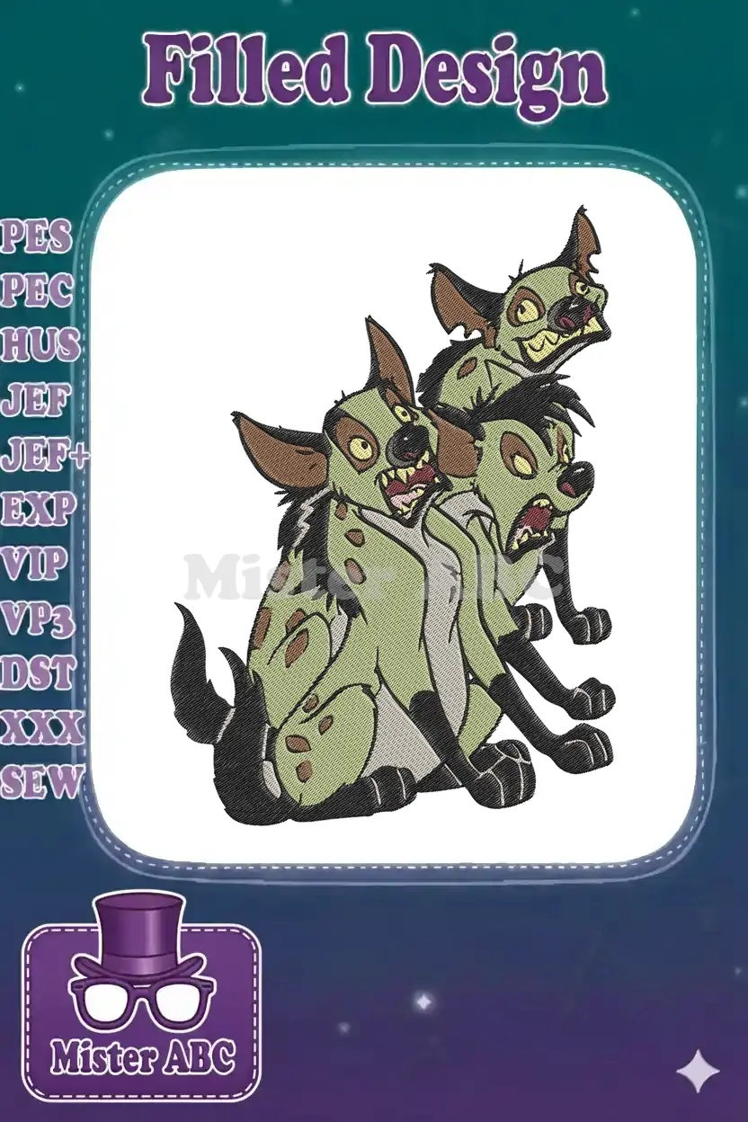 Three expressive hyenas from The Lion King, Shenzi, Banzai, and Ed, in a stacked embroidery design.