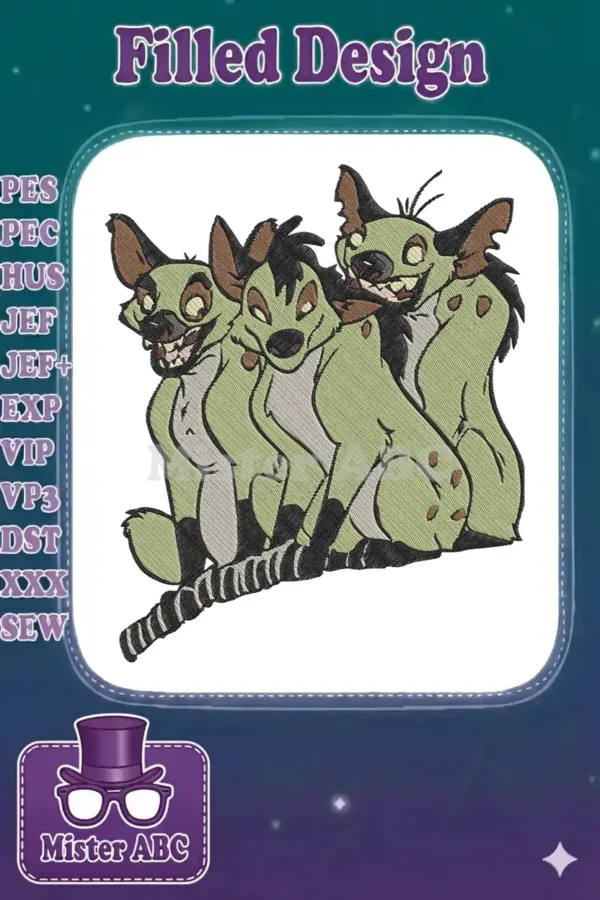 Three grinning hyenas from The Lion King, Shenzi, Banzai, and Ed, in a vibrant, detailed embroidery design.