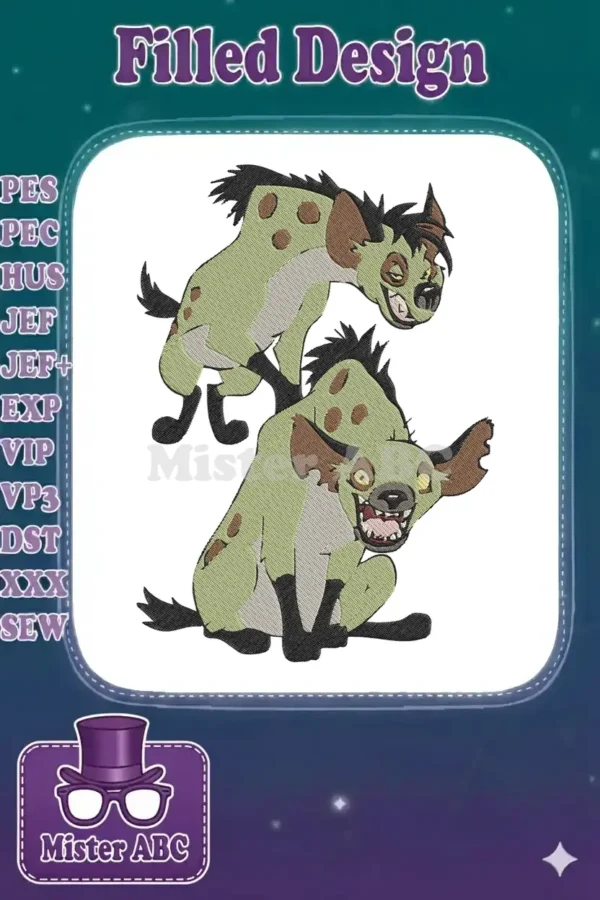 Two playful hyenas, one standing and one sitting, in a vibrant embroidery design, ready to add animated charm.