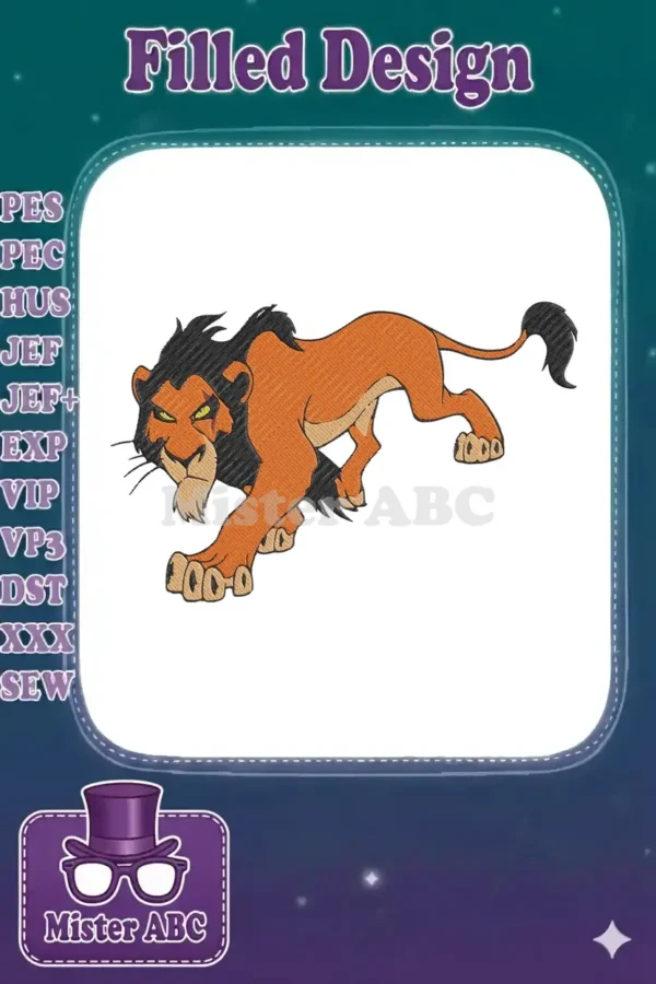 A powerful embroidery design of Scar from The Lion King, captured mid-pounce with his signature menacing grin.