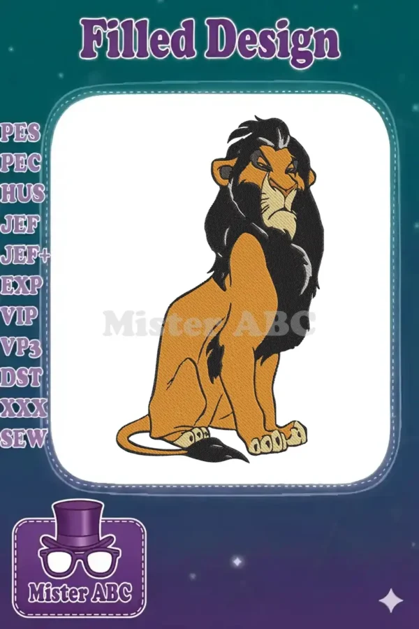 Intricate embroidery design of Scar, the villainous lion from Disney's The Lion King, sitting with a sneer.