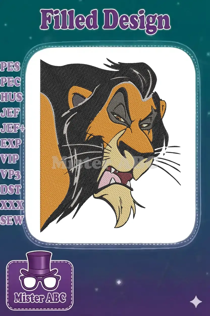 Detailed embroidery of Scar from The Lion King, snarling fiercely with black mane and orange fur.