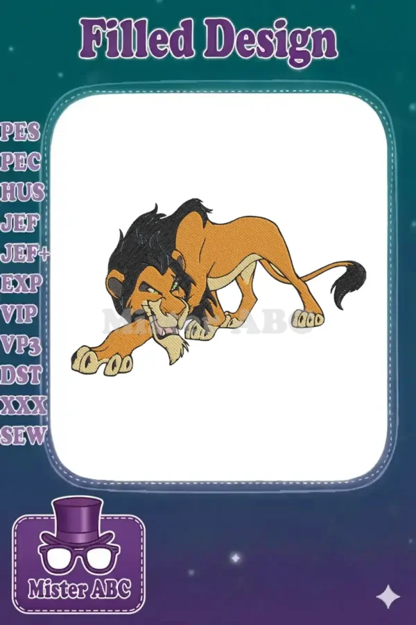 Detailed embroidery design of Scar from The Lion King, captured in a menacing, crouching stance with a sly grin.