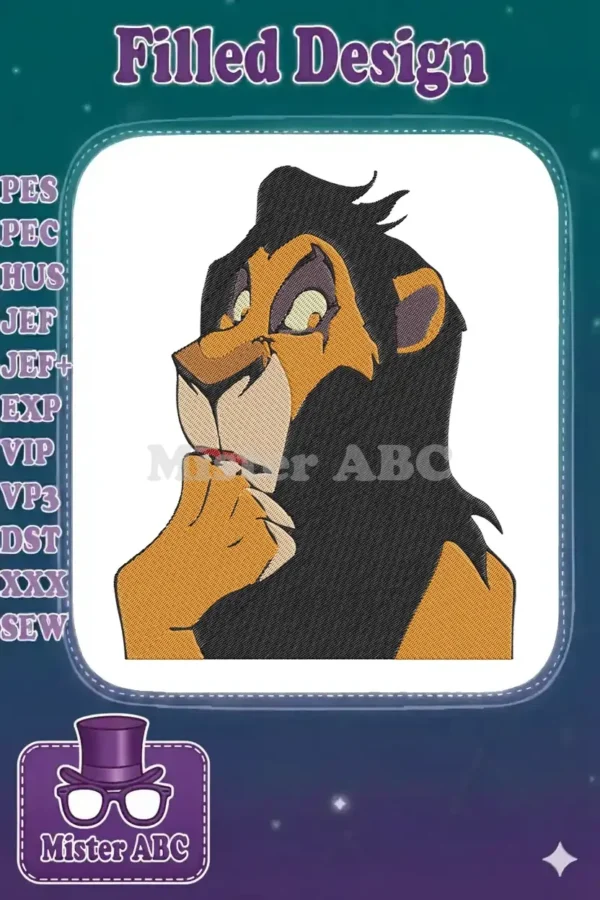 A detailed embroidery design of Scar from Disney's The Lion King, featuring his iconic dark mane and cunning expression.
