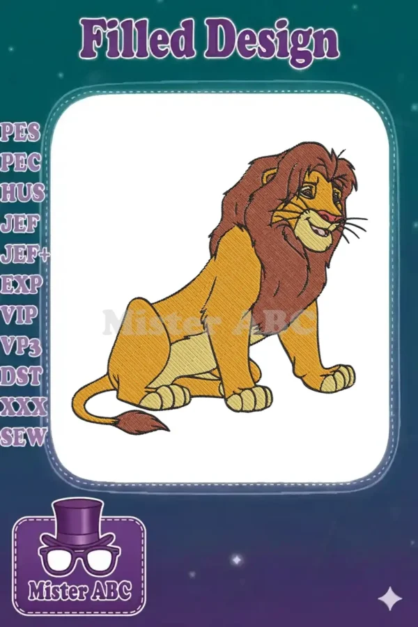 A vibrant embroidery design featuring a friendly, sitting cartoon lion with a flowing brown mane and golden fur.