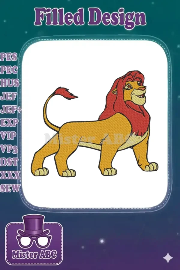 A vibrant embroidery design of Simba from The Lion King, depicted standing proudly with a red mane and golden fur.