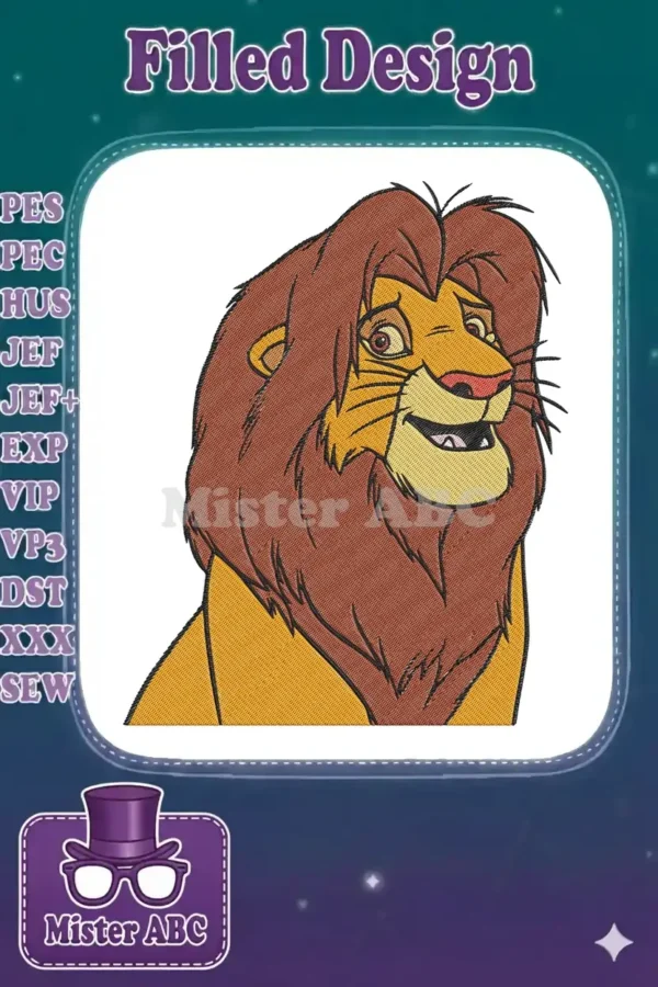 Embroidered close-up of Simba's head, featuring his iconic mane and expressive face with detailed stitching.