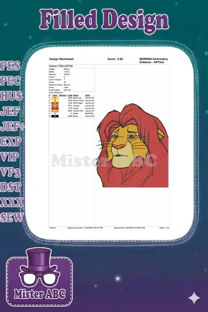 Embroidery design worksheet for Mufasa, showing dimensions, stitch count, color sequence, and machine details.