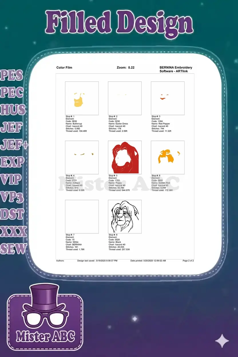 Color film breakdown of the Mufasa embroidery, showing each stitching step and thread application sequence.