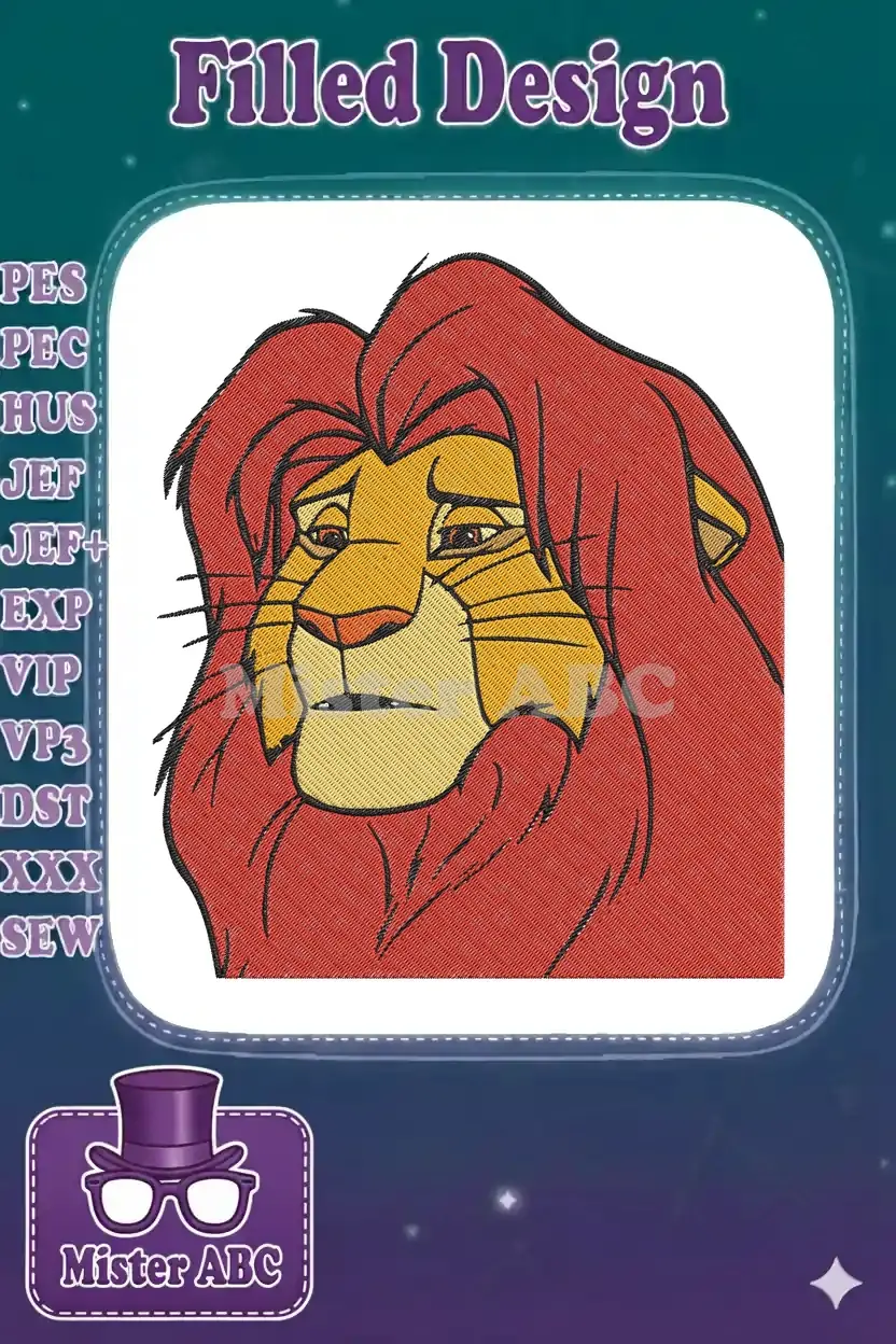 A close-up embroidery of Mufasa's sorrowful face, featuring intricate gold and red threads on a white background.
