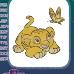 Playful Simba lion cub and butterfly embroidery designs - Instant Download