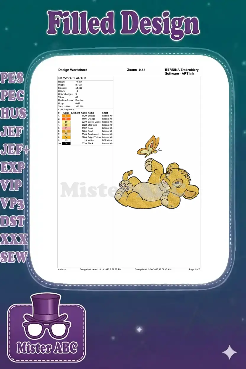 Embroidery design worksheet for baby Simba, detailing stitch count, color changes, dimensions, and thread chart.