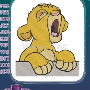 An adorable embroidery design of young Simba from The Lion King, mid-yawn, with intricate fill stitches.