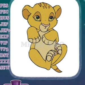 Cute machine embroidery design of young Simba from The Lion King, sitting with a gentle, inquisitive expression.