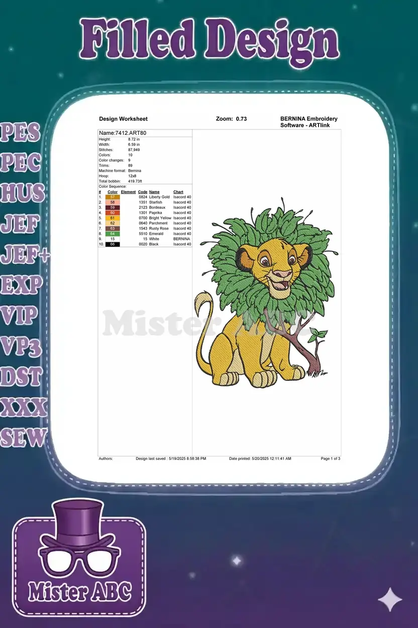 Embroidery design worksheet for Simba with leafy mane, showing dimensions, stitch count, and color chart.